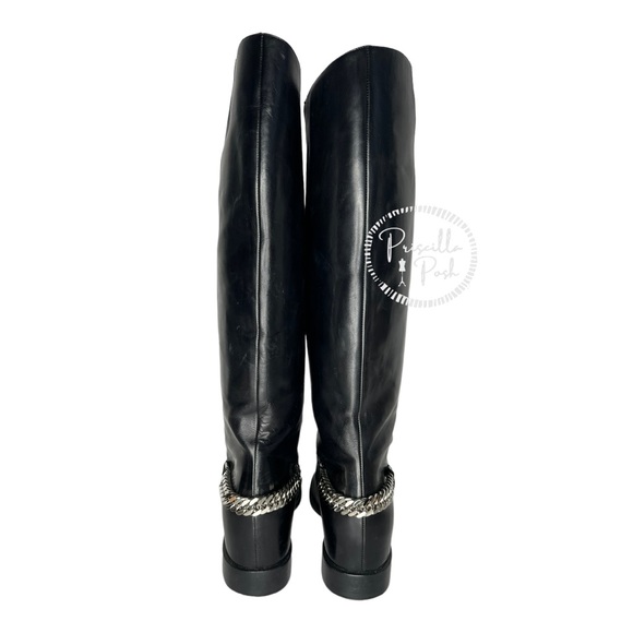 SOLD Christian Louboutin Black Leather Knee High Silver Chain Riding Boots 37 - Picture 9 of 16
